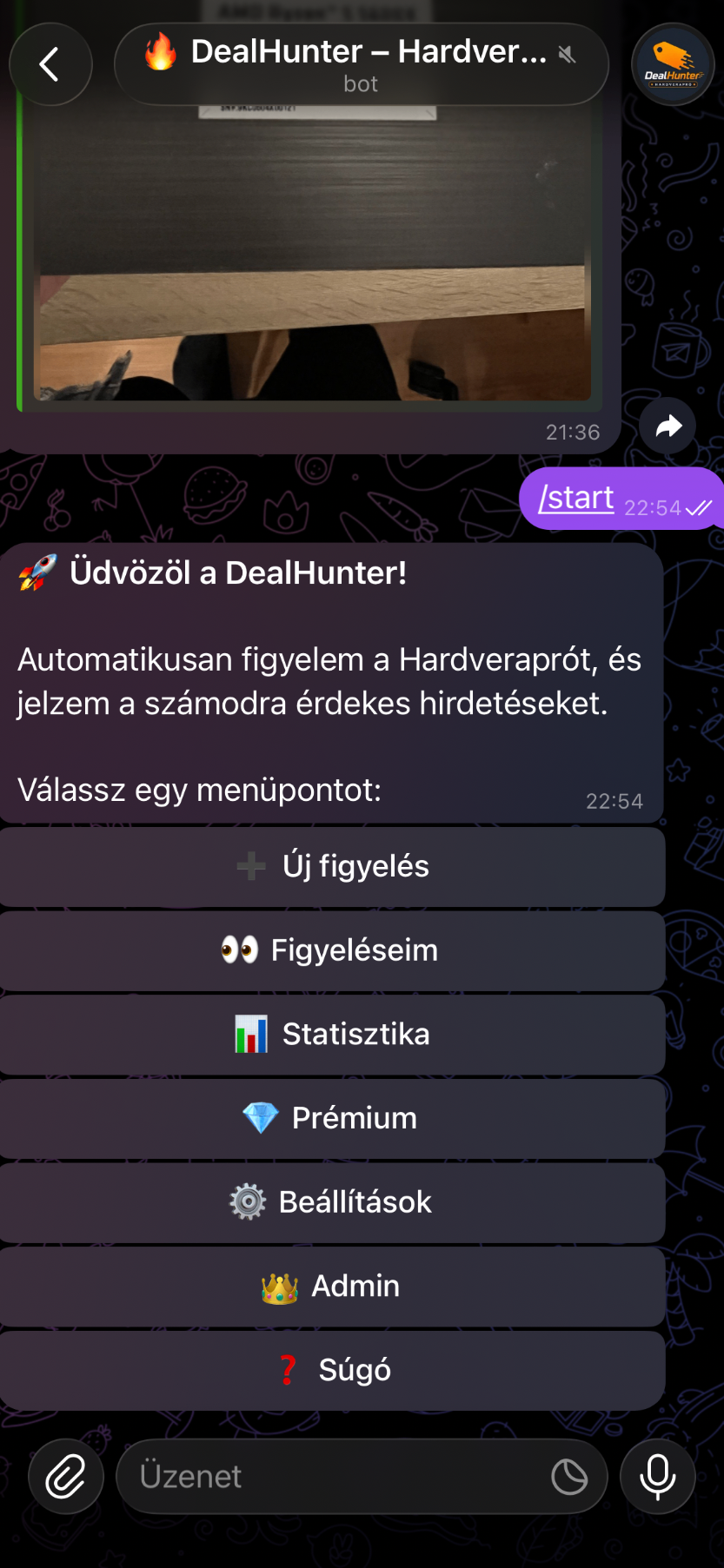 DealHunter Telegram főmenü: Új figyelés, Figyeléseim, Statisztika